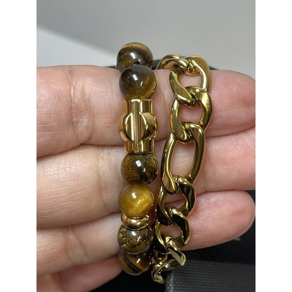 American Exchange Men’s Tigers Eye & Gold Chain Link Bracelet Set New